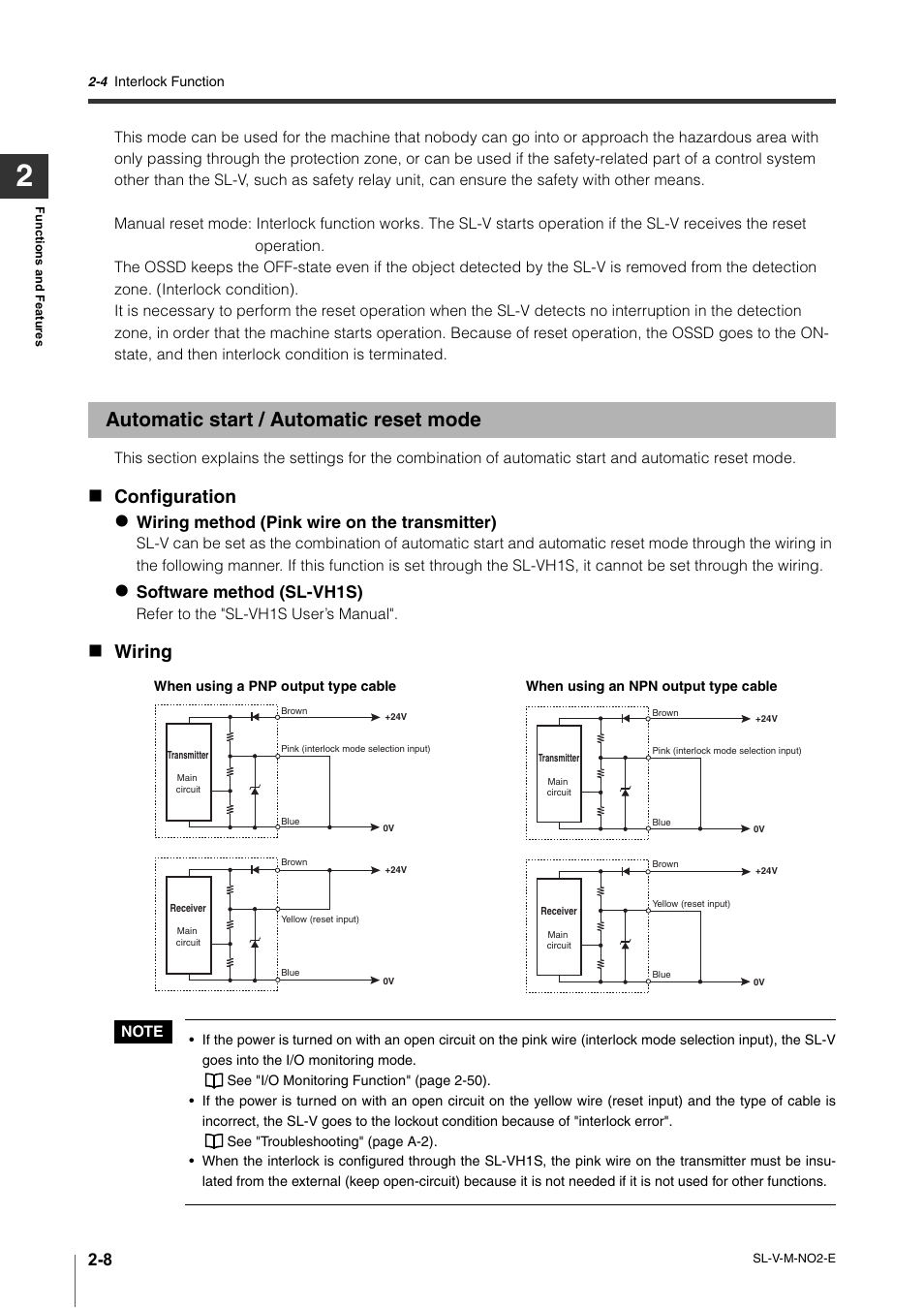 Automatic start / automatic reset mode, Automatic start / automatic reset mode -8, Configuration | Wiring, Wiring method (pink wire on the transmitter), Software method (sl-vh1s) | KEYENCE SL-V Series User Manual | Page 32 / 168