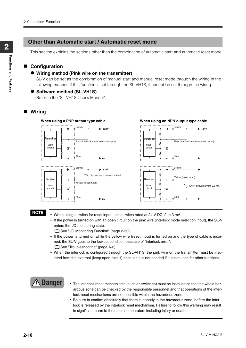 Other than automatic start / automatic reset mode, Danger, Configuration | Wiring, Wiring method (pink wire on the transmitter), Software method (sl-vh1s) | KEYENCE SL-V Series User Manual | Page 34 / 168