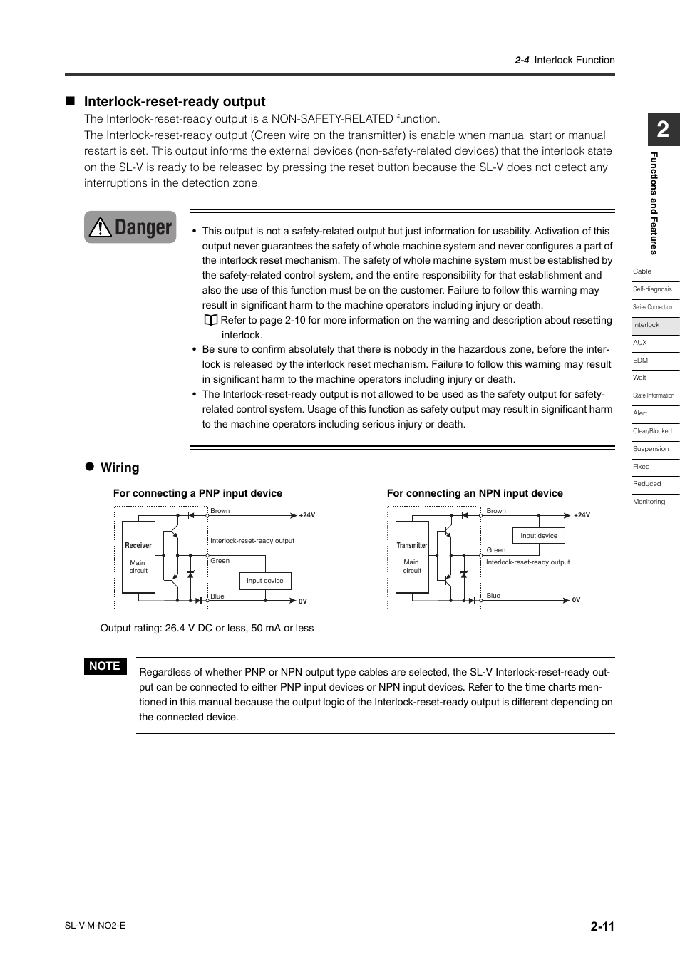 Danger, Interlock-reset-ready output, Wiring | KEYENCE SL-V Series User Manual | Page 35 / 168