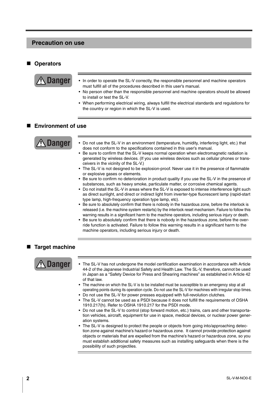 Precaution on use, Danger | KEYENCE SL-V Series User Manual | Page 4 / 168