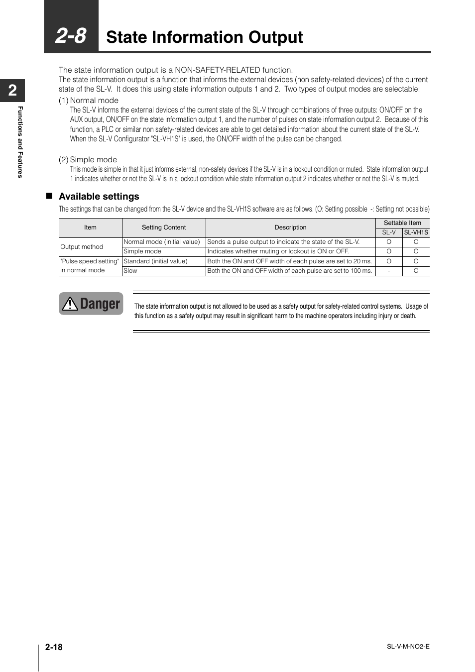 8 state information output, State information output -18, State information output | Danger, Available settings | KEYENCE SL-V Series User Manual | Page 42 / 168