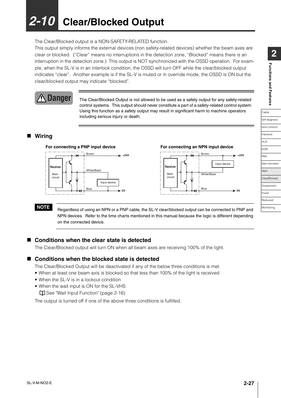 10 clear/blocked output, 10 clear/blocked output -27, Clear/blocked output -27 | Clear/blocked output, Danger, Wiring, Conditions when the clear state is detected, Conditions when the blocked state is detected | KEYENCE SL-V Series User Manual | Page 51 / 168