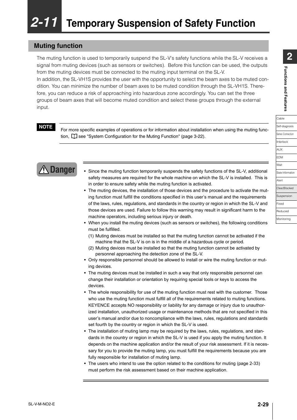 11 temporary suspension of safety function, Muting function, 11 temporary suspension of safety function -29 | Muting function -29, Temporary suspension of safety function -29, Temporary suspension of safety function, Danger | KEYENCE SL-V Series User Manual | Page 53 / 168