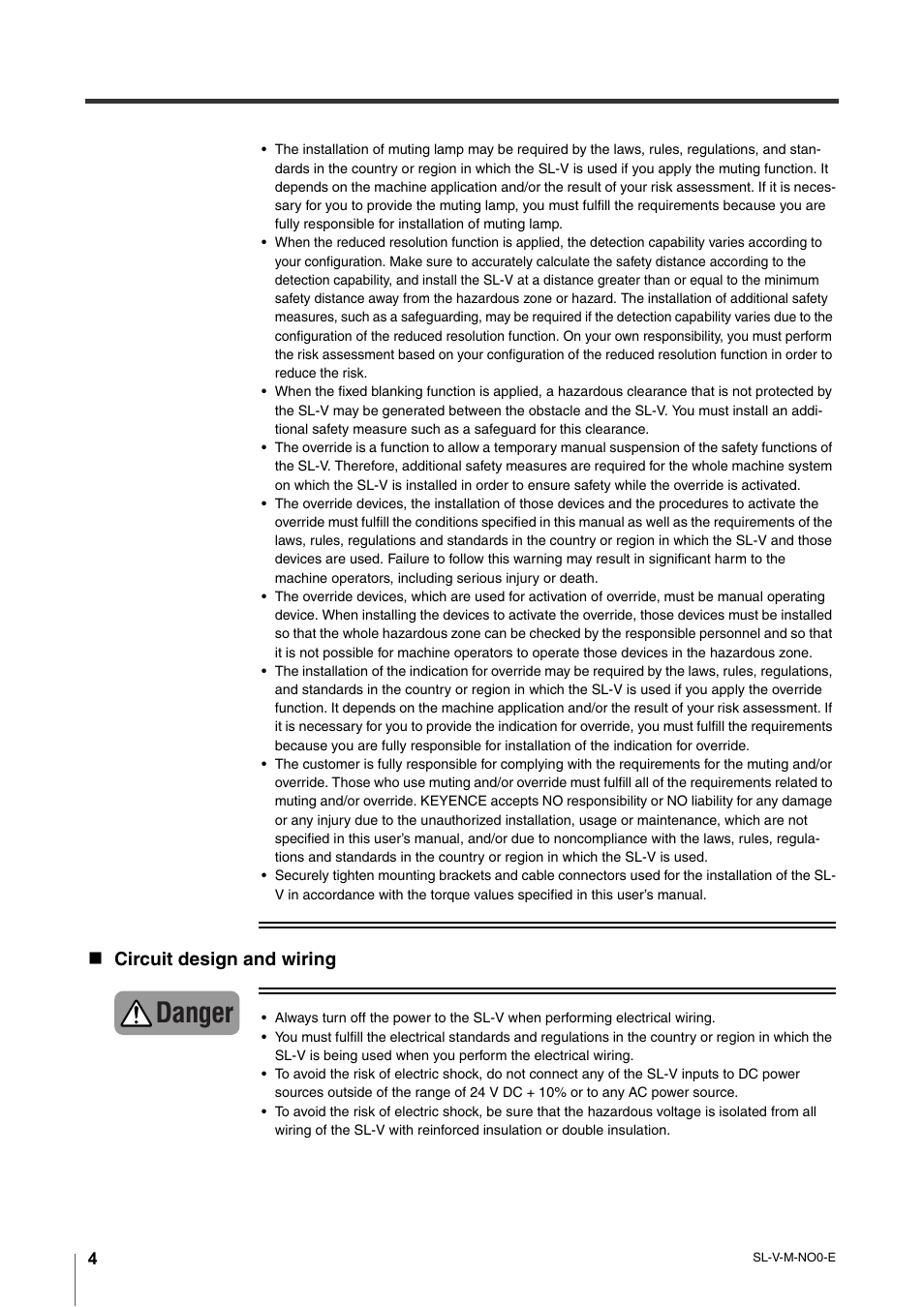 Danger, Circuit design and wiring | KEYENCE SL-V Series User Manual | Page 6 / 168