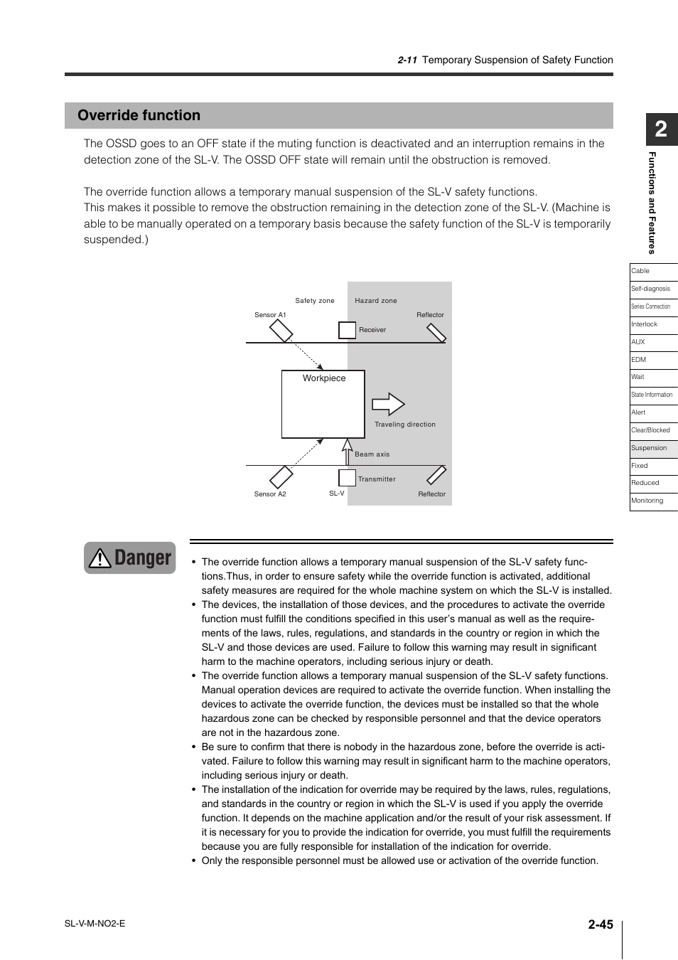 Override function, Override function -45, Danger | KEYENCE SL-V Series User Manual | Page 69 / 168