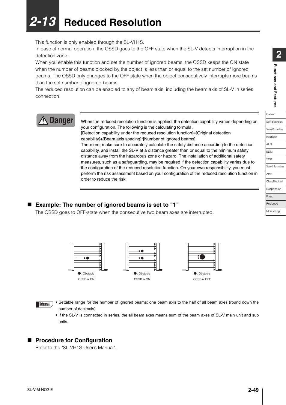 13 reduced resolution, 13 reduced resolution -49, Reduced resolution -49 | Reduced resolution, Danger, Example: the number of ignored beams is set to "1, Procedure for configuration | KEYENCE SL-V Series User Manual | Page 73 / 168
