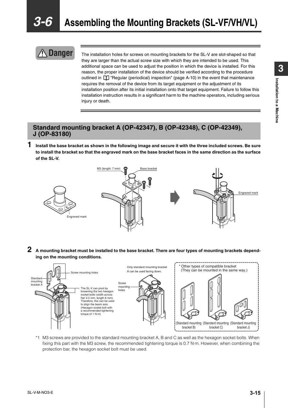6 assembling the mounting brackets (sl-vf/vh/vl), Assembling the mounting brackets (sl-vf/vh/vl) -15, J (op-83180) -15 | Assembling the mounting brackets (sl-vf/vh/vl), Danger | KEYENCE SL-V Series User Manual | Page 91 / 168