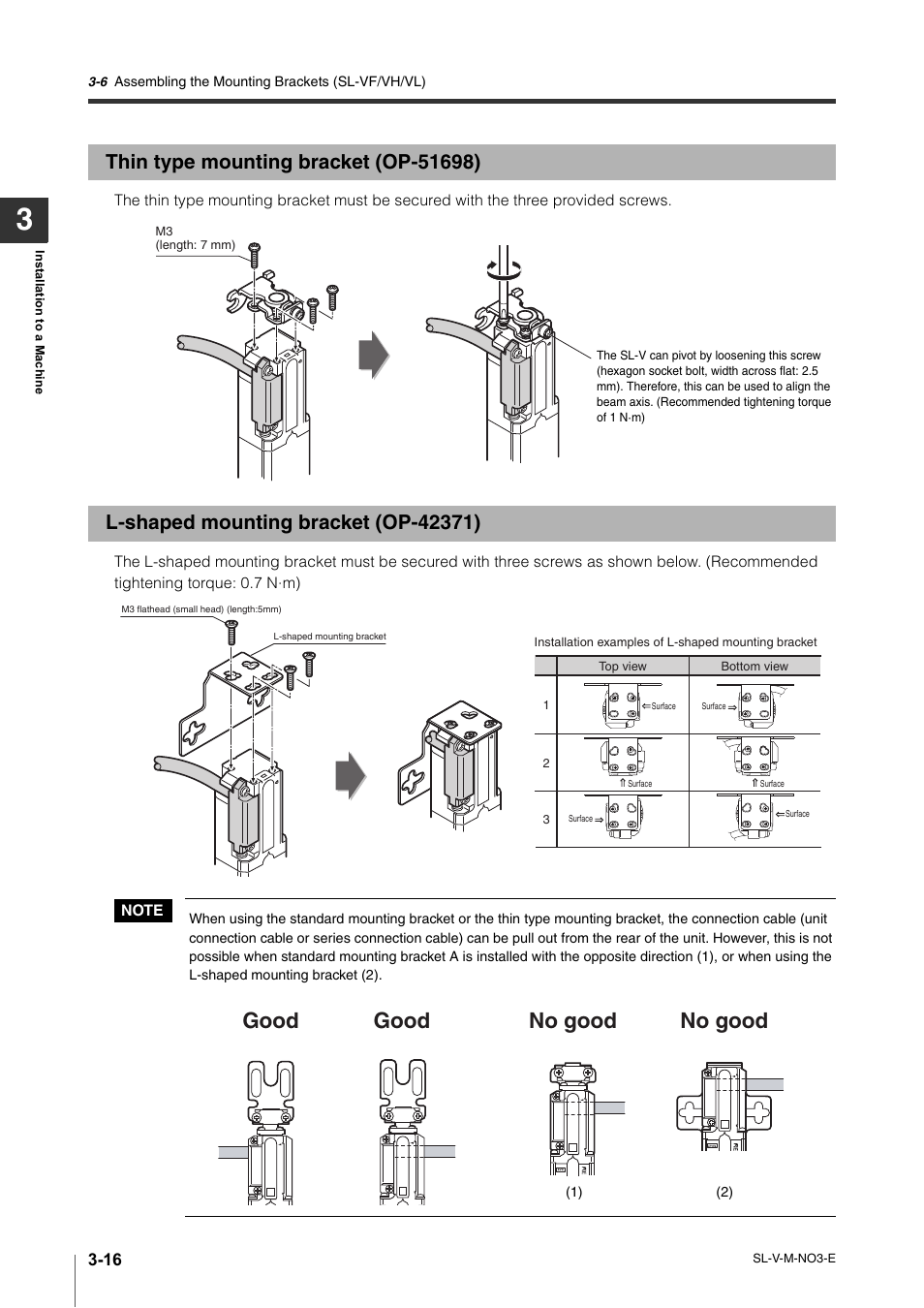 Thin type mounting bracket (op-51698), L-shaped mounting bracket (op-42371), Thin type mounting bracket (op-51698) -16 | L-shaped mounting bracket (op-42371) -16, Good, Good no good no good | KEYENCE SL-V Series User Manual | Page 92 / 168