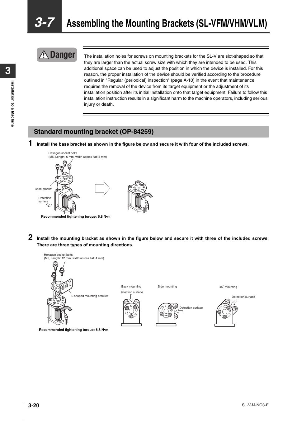 Standard mounting bracket (op-84259), Standard mounting bracket (op-84259) -20, Assembling the mounting brackets (sl-vfm/vhm/vlm) | Danger | KEYENCE SL-V Series User Manual | Page 96 / 168