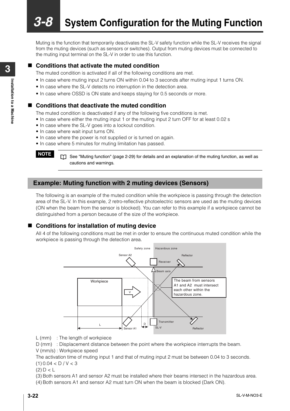 8 system configuration for the muting function, System configuration for the muting function -22, System configuration for the muting function | Conditions that activate the muted condition, Conditions that deactivate the muted condition, Conditions for installation of muting device | KEYENCE SL-V Series User Manual | Page 98 / 168