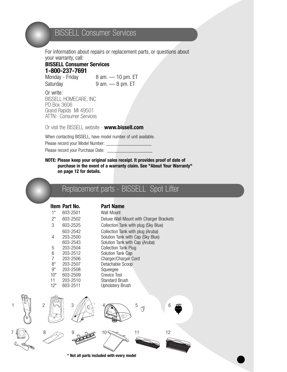 Bissell consumer services, Replacement parts - bissell spot lifter | Bissell 1715 User Manual | Page 11 / 12