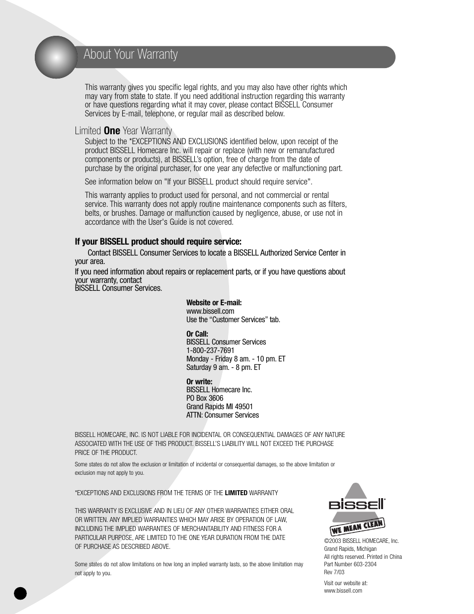About your warranty, Limited one year warranty | Bissell 1715 User Manual | Page 12 / 12