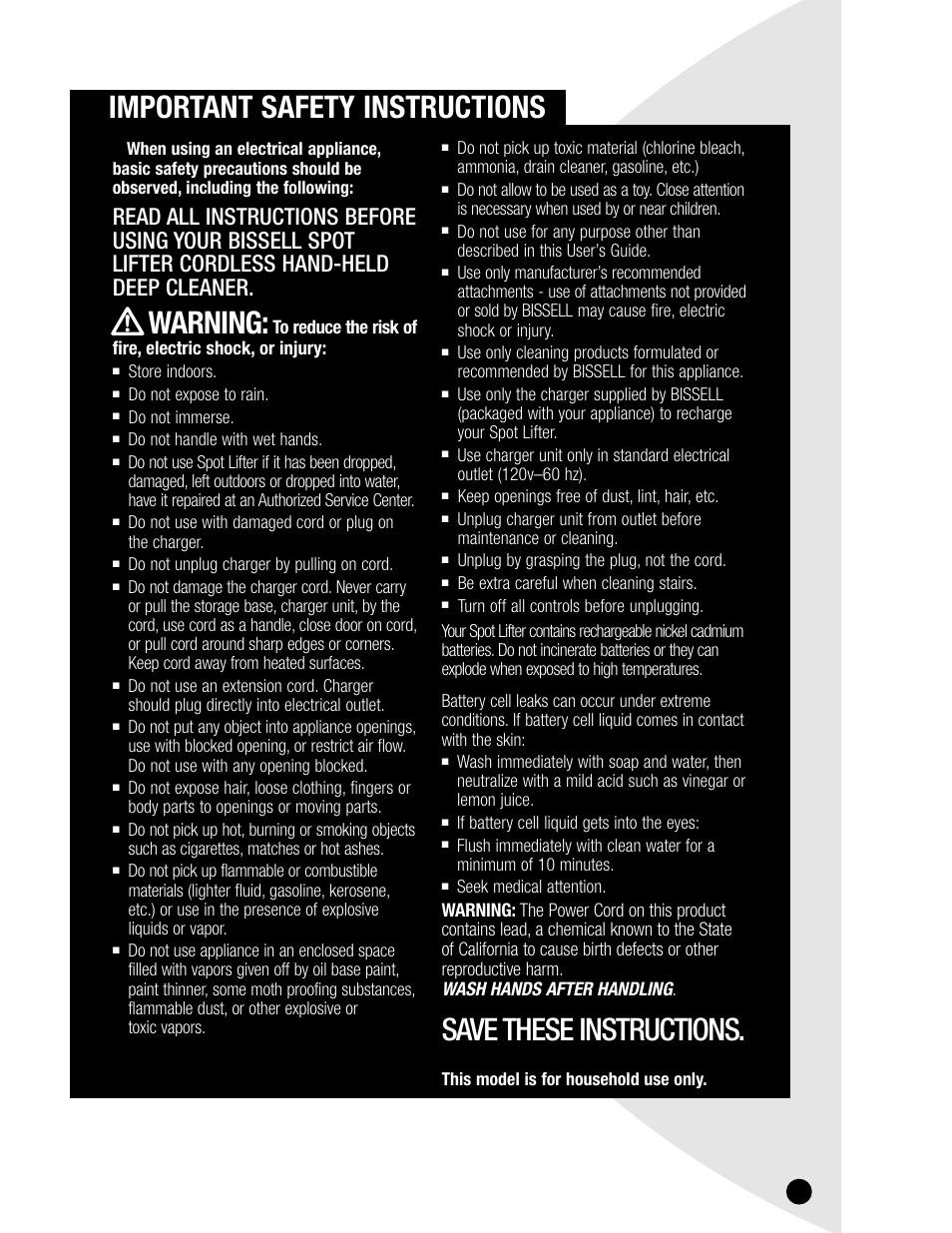 Important safety instructions, Save these instructions, Warning | Bissell 1715 User Manual | Page 3 / 12