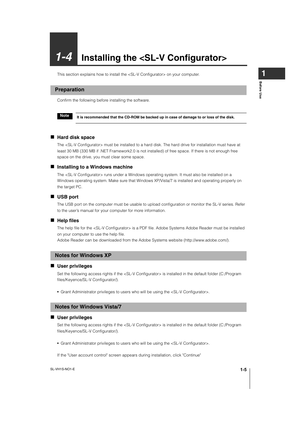 4 installing the <sl-v configurator, Preparation, Notes for windows xp | Notes for windows vista/7, Installing the <sl-v configurator> -5, Preparation -5, Notes for windows xp -5, Notes for windows vista/7 -5, Installing the <sl-v configurator | KEYENCE SL-VH1S User Manual | Page 11 / 60