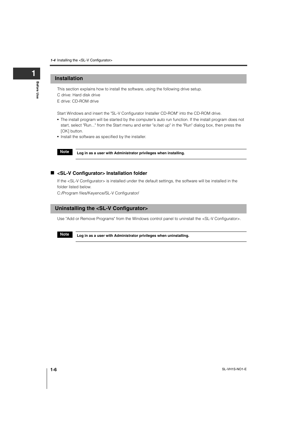 Installation, Uninstalling the <sl-v configurator, Installation -6 | Uninstalling the <sl-v configurator> -6 | KEYENCE SL-VH1S User Manual | Page 12 / 60