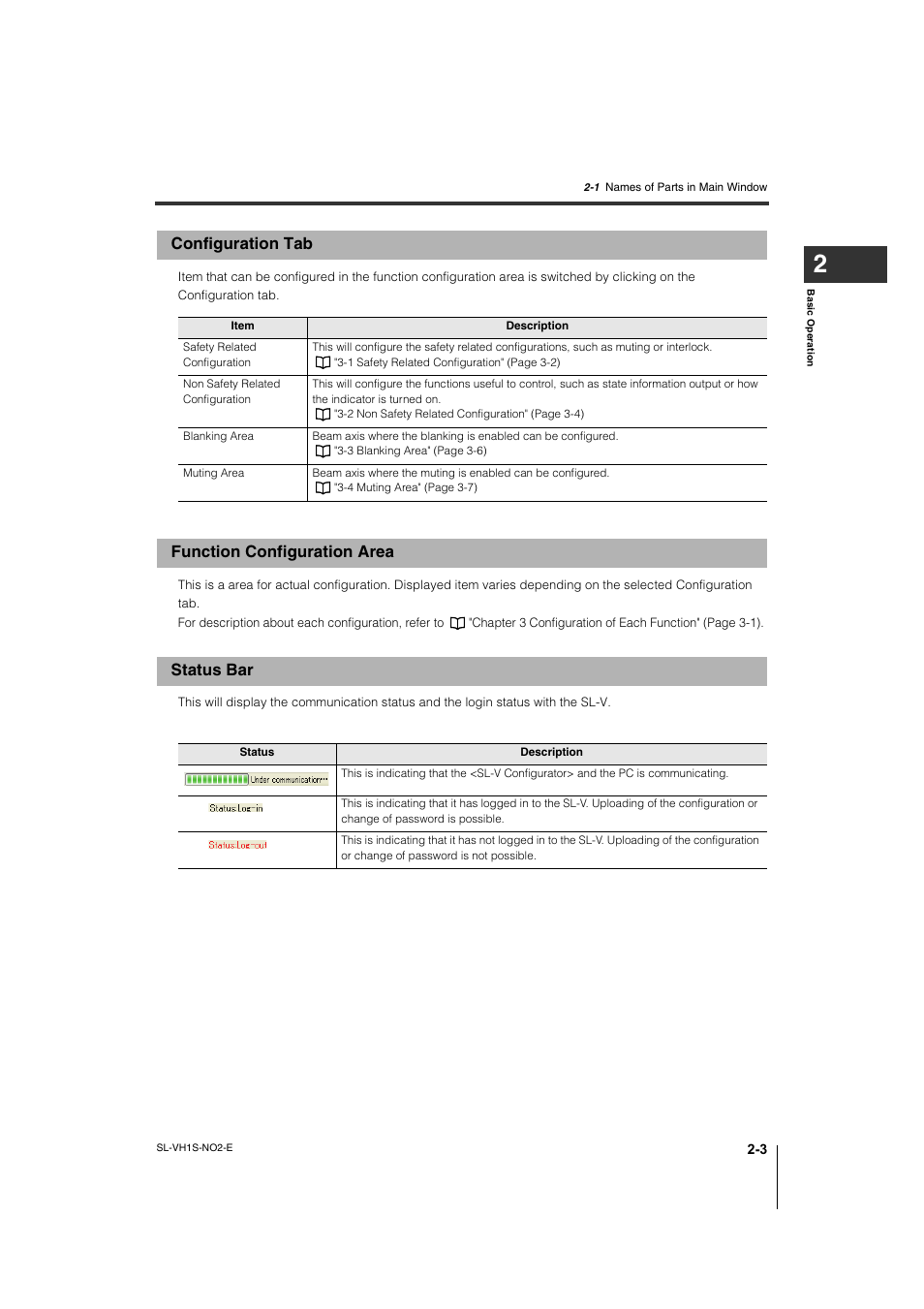 Configuration tab, Function configuration area, Status bar | Configuration tab -3, Function configuration area -3, Status bar -3, Function configuration area status bar | KEYENCE SL-VH1S User Manual | Page 19 / 60