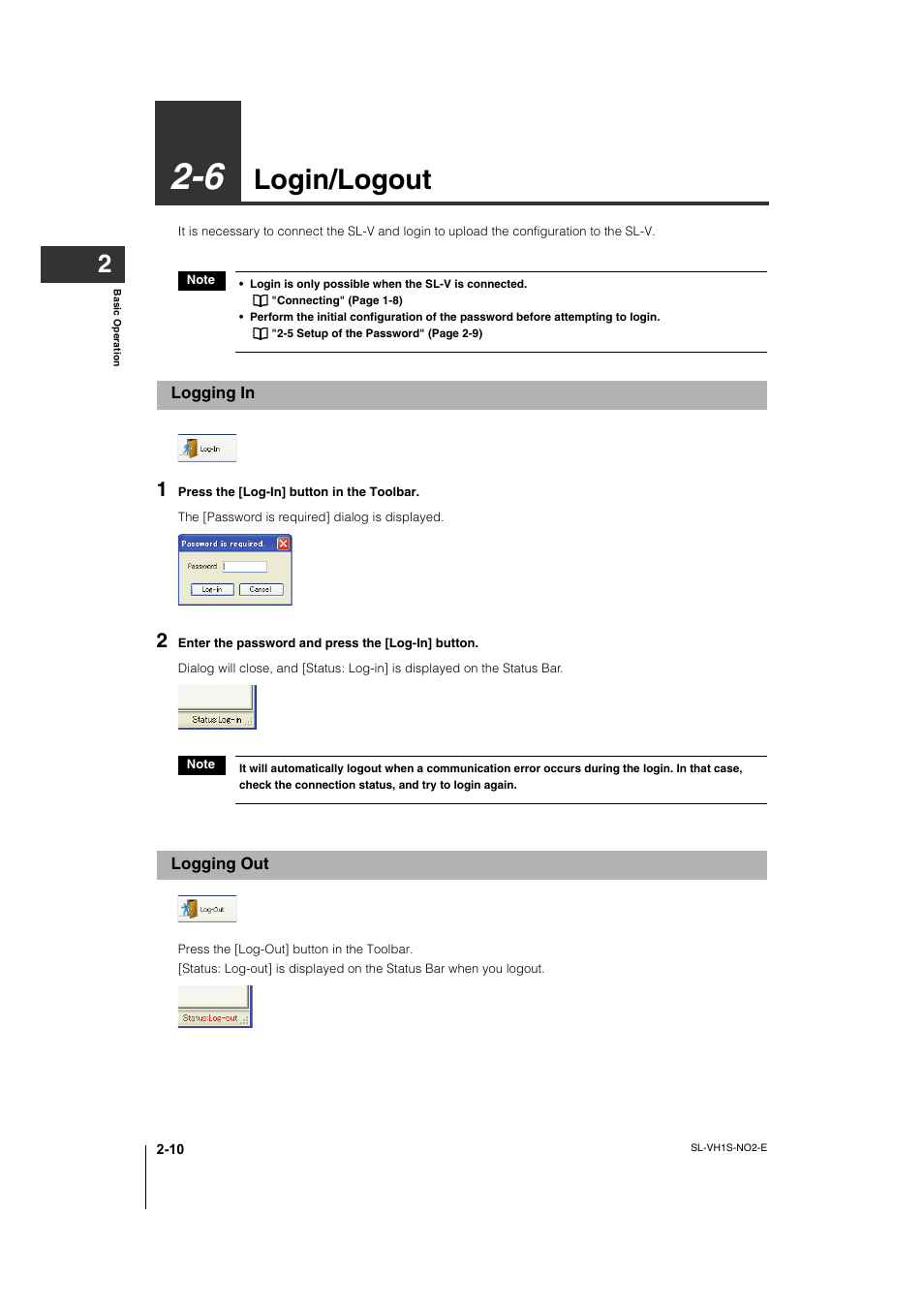 6 login/logout, Logging in, Logging out | Login/logout -10, Logging in -10, Logging out -10, Login/logout | KEYENCE SL-VH1S User Manual | Page 26 / 60