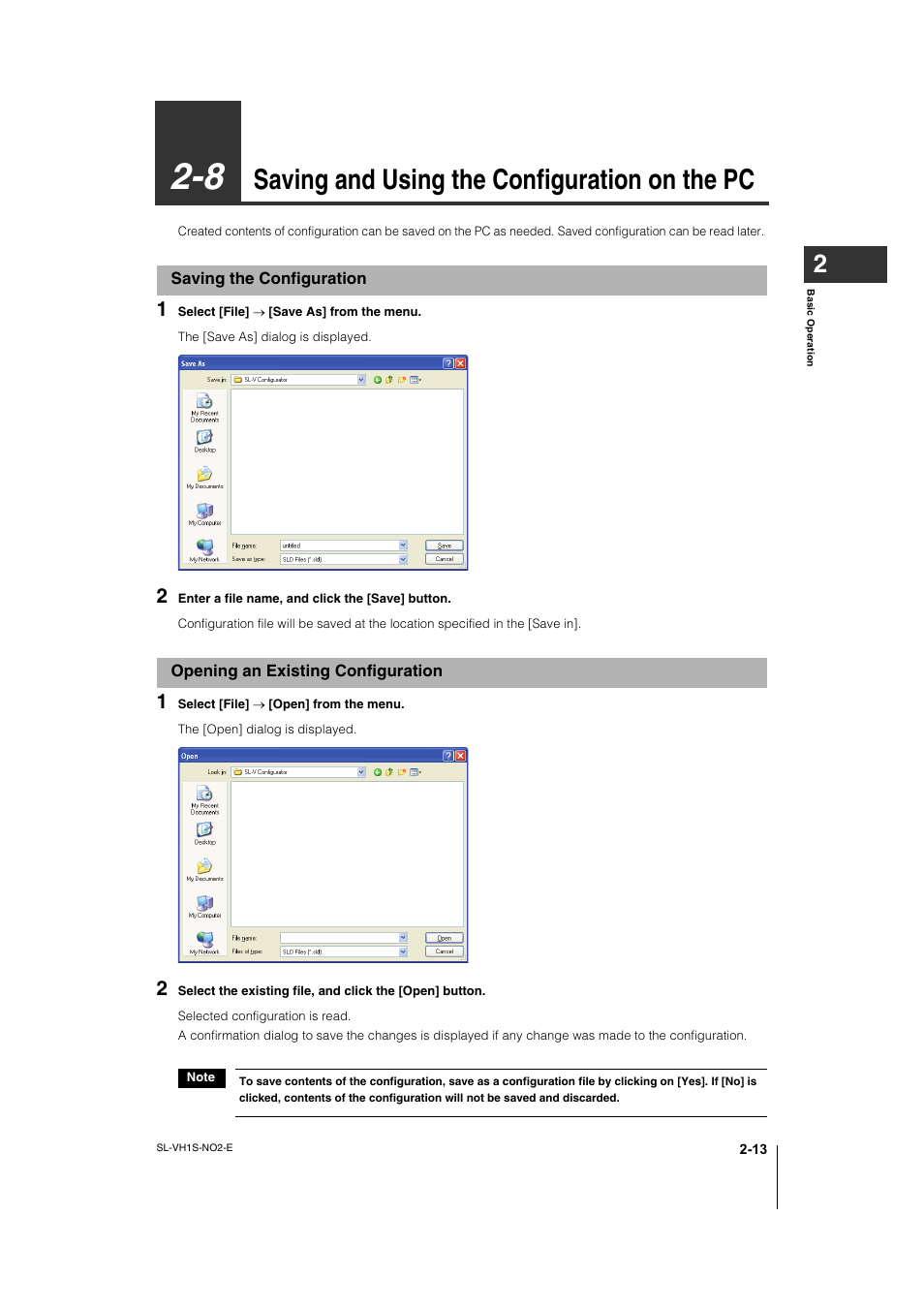 8 saving and using the configuration on the pc, Saving the configuration, Opening an existing configuration | Saving and using the configuration on the pc -13, Saving the configuration -13, Opening an existing configuration -13, Saving and using the configuration on the pc | KEYENCE SL-VH1S User Manual | Page 29 / 60