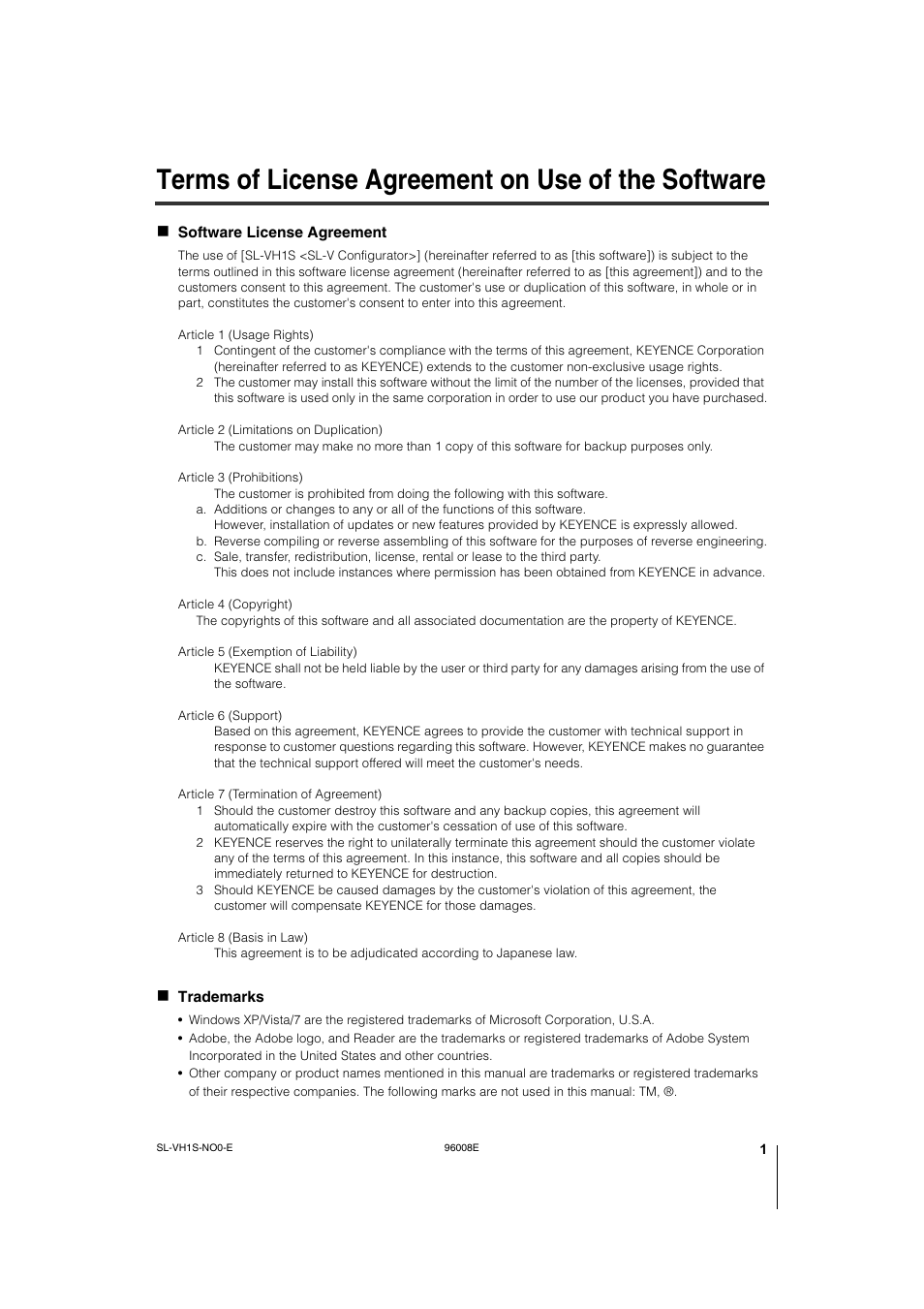 Terms of license agreement on use of the software | KEYENCE SL-VH1S User Manual | Page 3 / 60