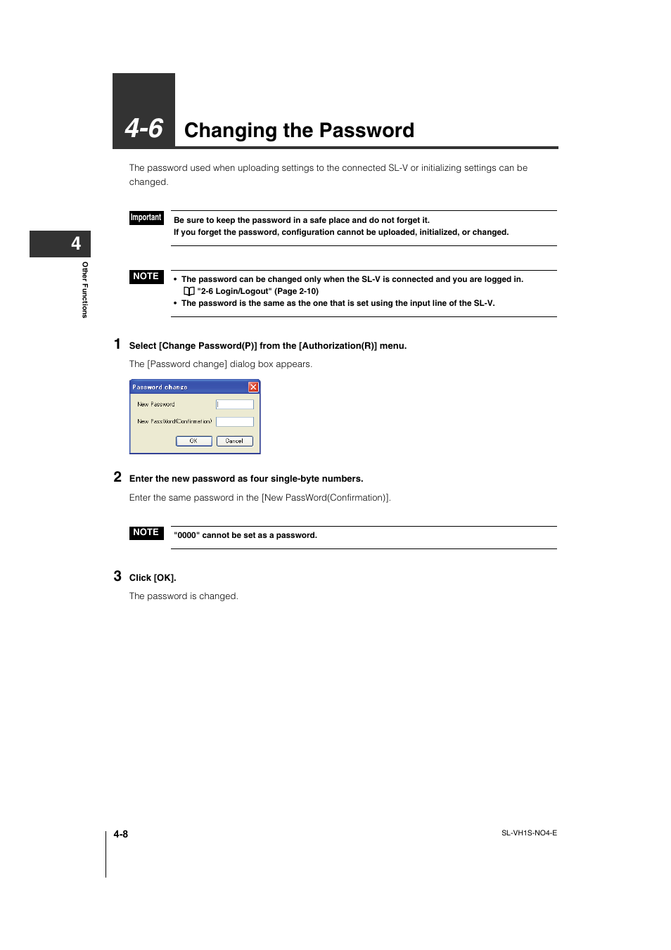 6 changing the password, Changing the password -8, Changing | Changing the password | KEYENCE SL-VH1S User Manual | Page 46 / 60
