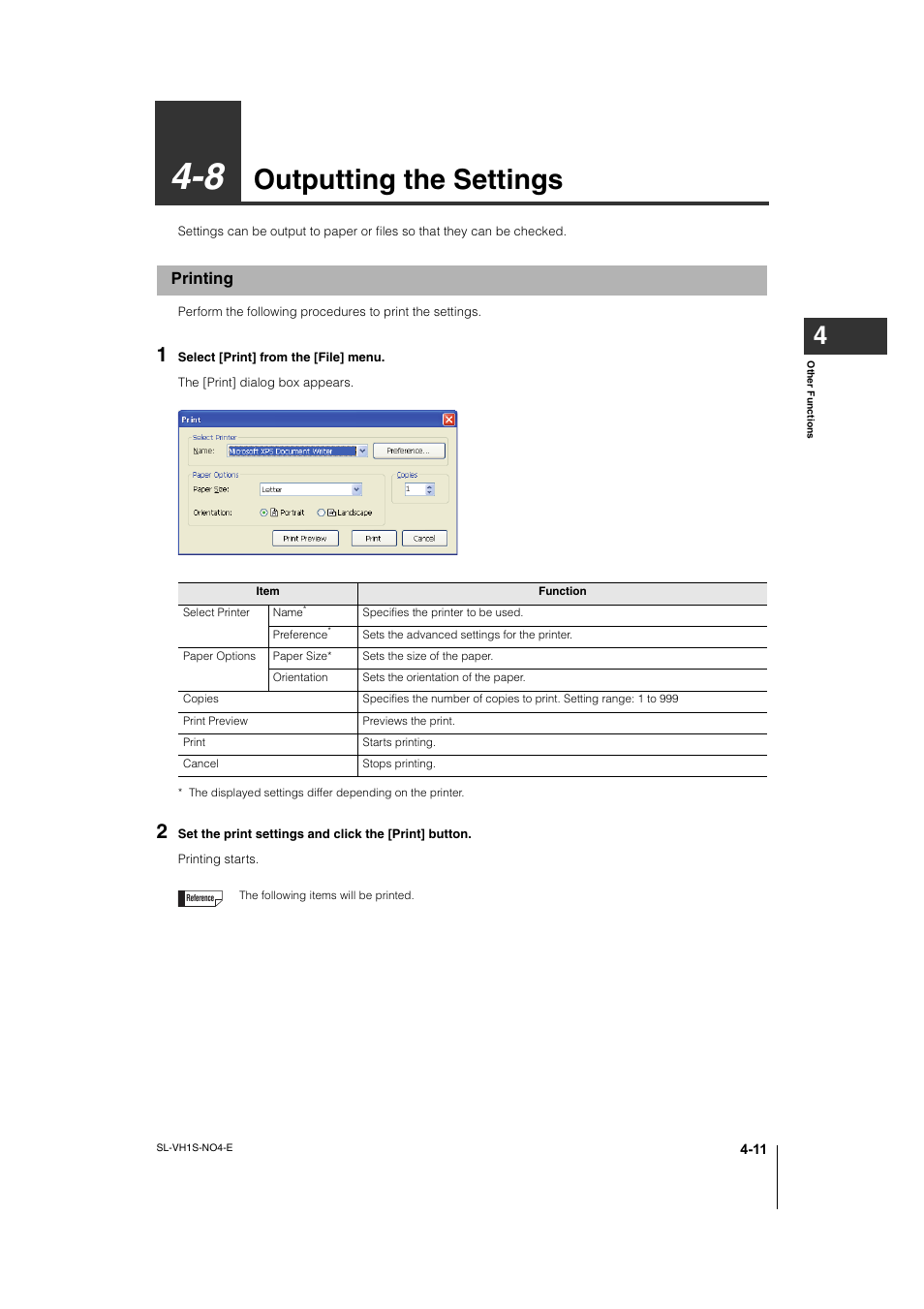 8 outputting the settings, Printing, Outputting the settings -11 | Printing -11, Outputting the settings | KEYENCE SL-VH1S User Manual | Page 49 / 60