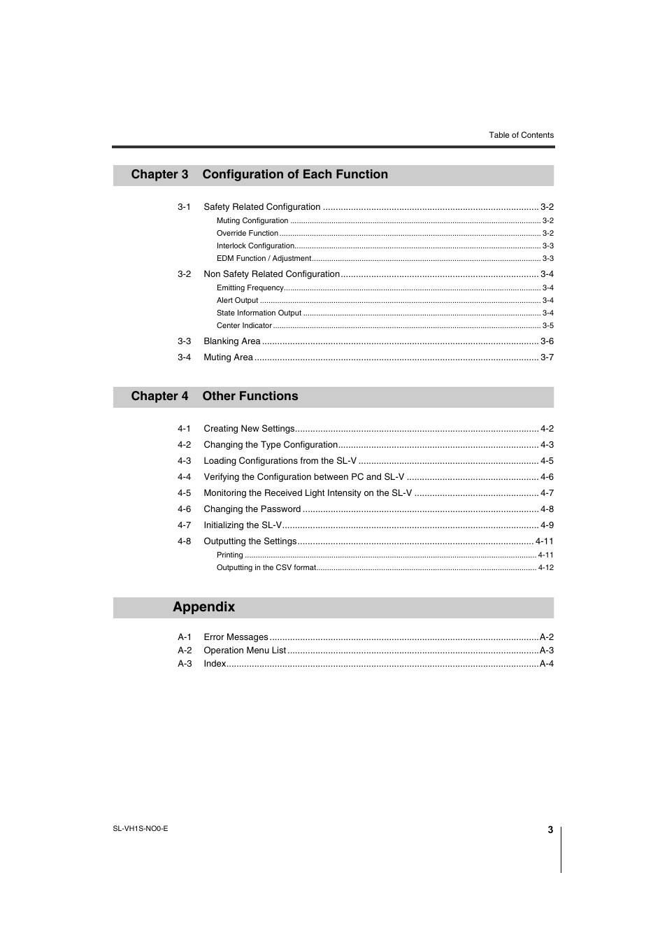 Appendix, Chapter 3 configuration of each function, Chapter 4 other functions | KEYENCE SL-VH1S User Manual | Page 5 / 60