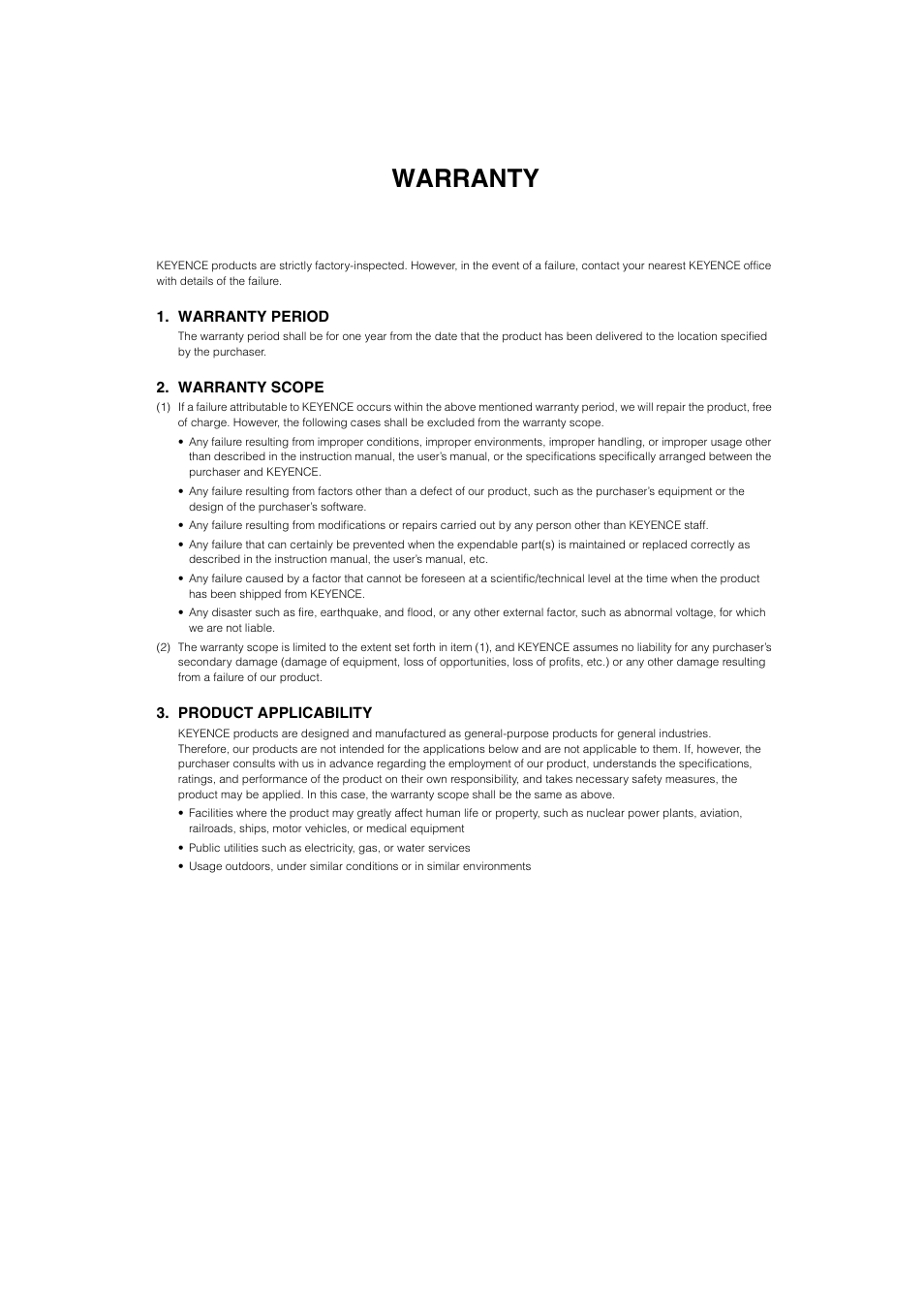 Warranty | KEYENCE SL-VH1S User Manual | Page 59 / 60