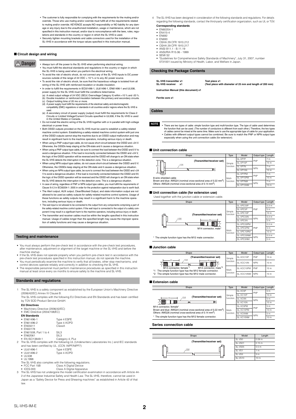 Testing and maintenance, Standards and regulations, Checking the package contents | Cables, Danger, Sl-vhs-im-e, Checking the package contents cables | KEYENCE SL-VHS Series User Manual | Page 2 / 10