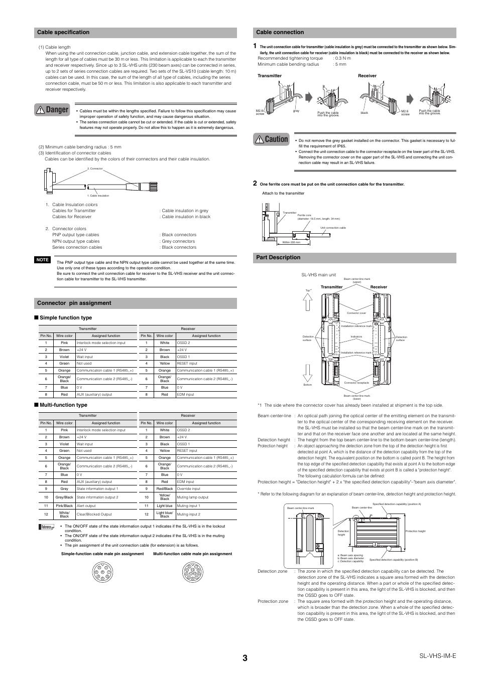 Cable specification, Connector pin assignment, Cable connection | Part description, Danger, Caution, Sl-vhs-im-e, Cable specification connector pin assignment, Cable connection part description | KEYENCE SL-VHS Series User Manual | Page 3 / 10