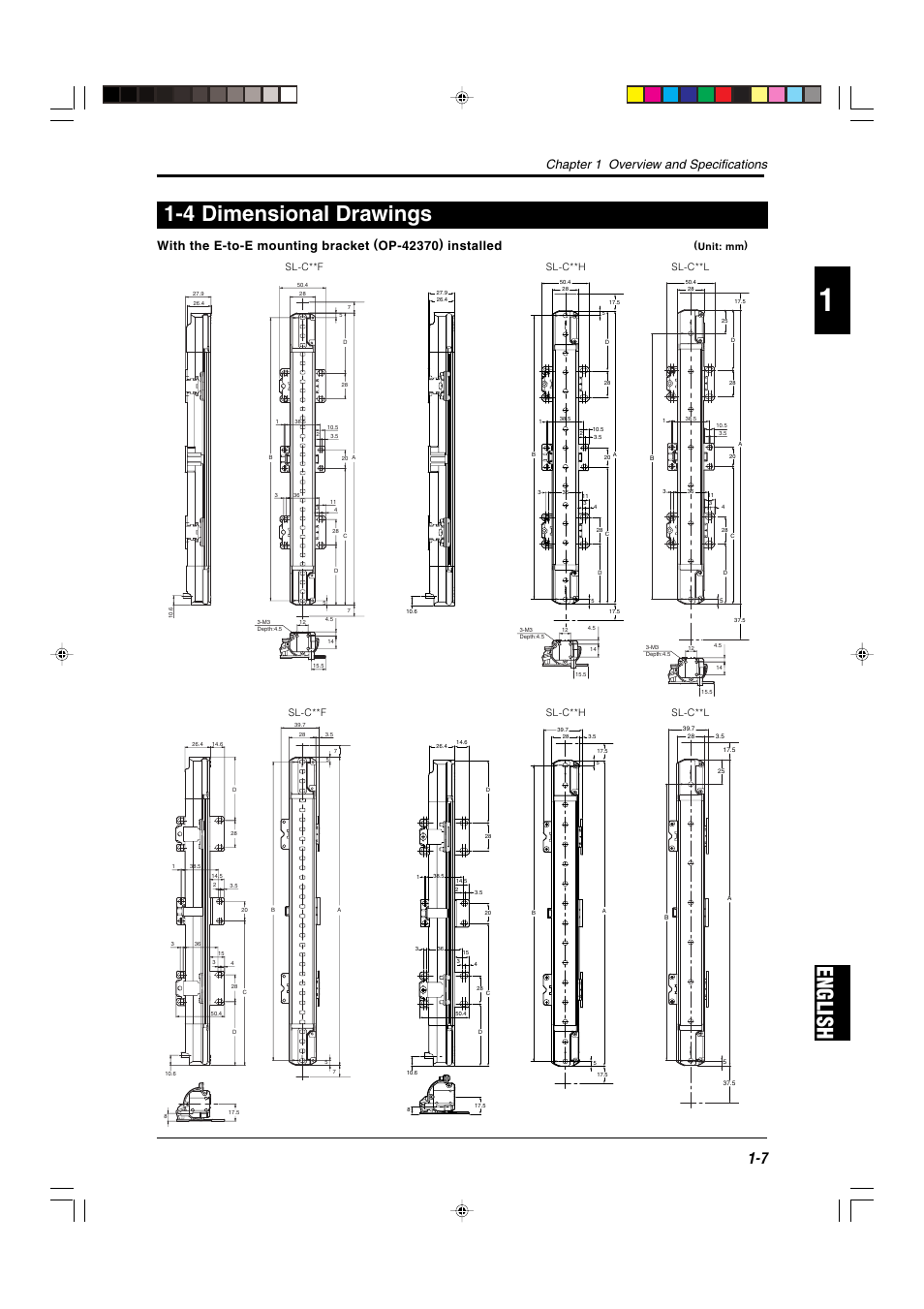 4 dimensional drawings, English 1-4 dimensional drawings, Chapter 1 overview and specifications | Sl-c**h sl-c**f sl-c**l sl-c**h sl-c**f sl-c**l, Unit: mm) | KEYENCE SL-C Series User Manual | Page 15 / 54