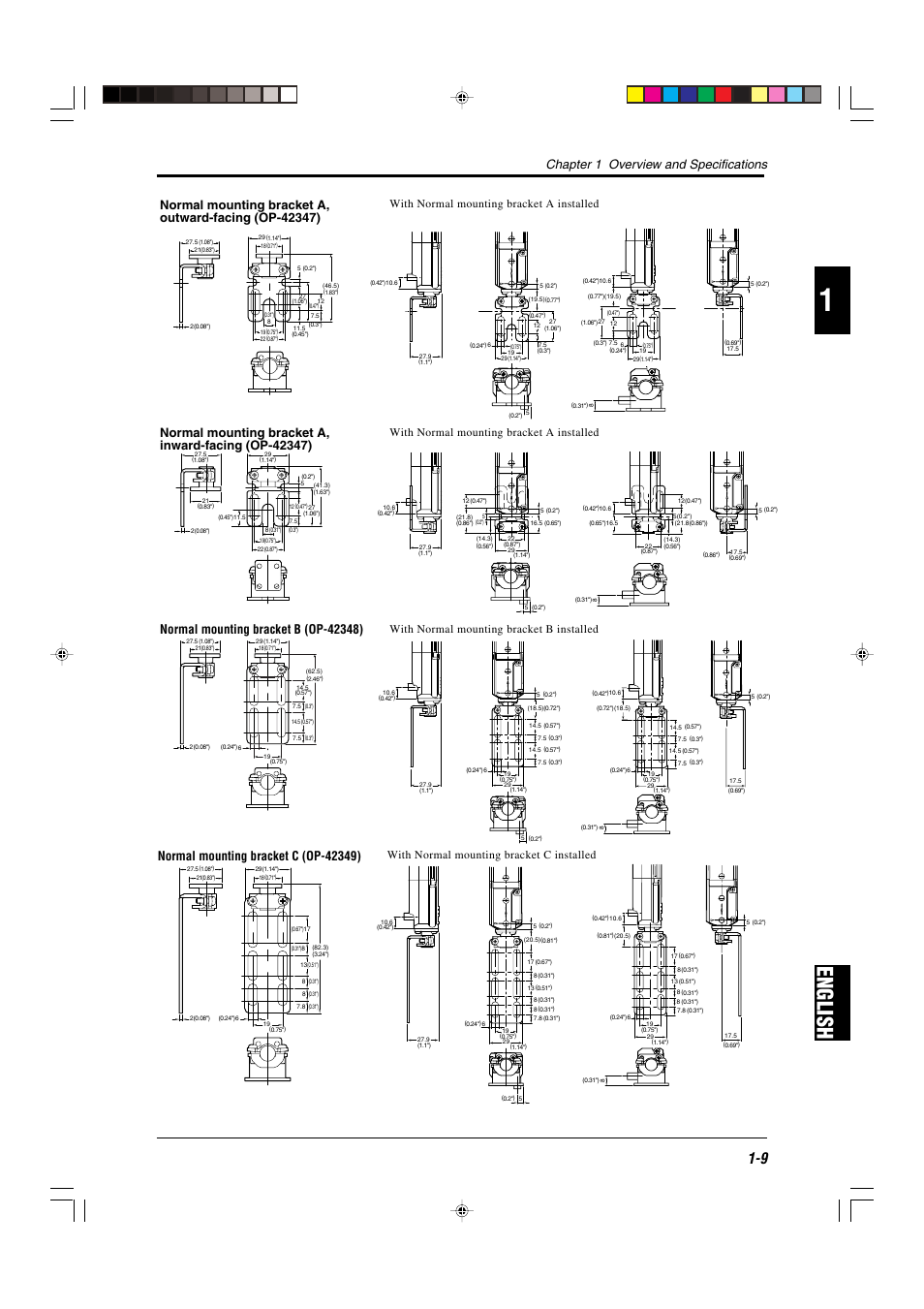 English, Chapter 1 overview and specifications, With normal mounting bracket a installed | With normal mounting bracket b installed, With normal mounting bracket c installed | KEYENCE SL-C Series User Manual | Page 17 / 54