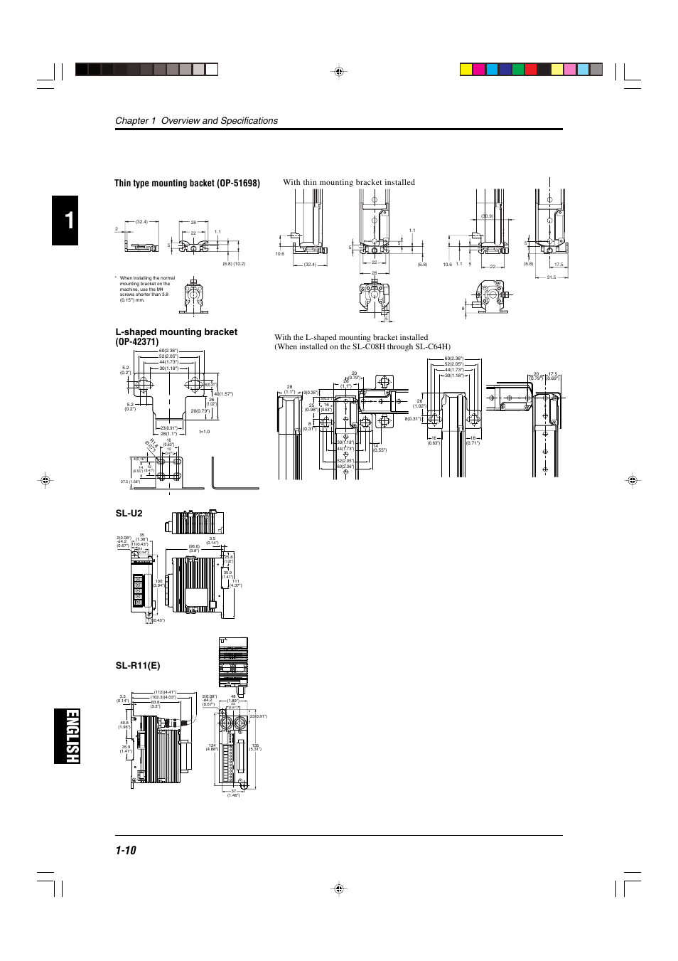 English, Chapter 1 overview and specifications, Sl-r11(e) | Sl-u2, With thin mounting bracket installed | KEYENCE SL-C Series User Manual | Page 18 / 54