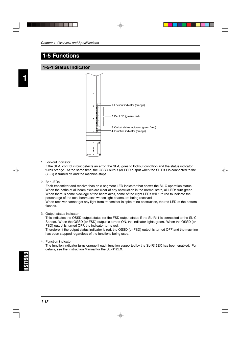 5 functions, 5-1 status indicator, English | English 1-5 functions | KEYENCE SL-C Series User Manual | Page 20 / 54