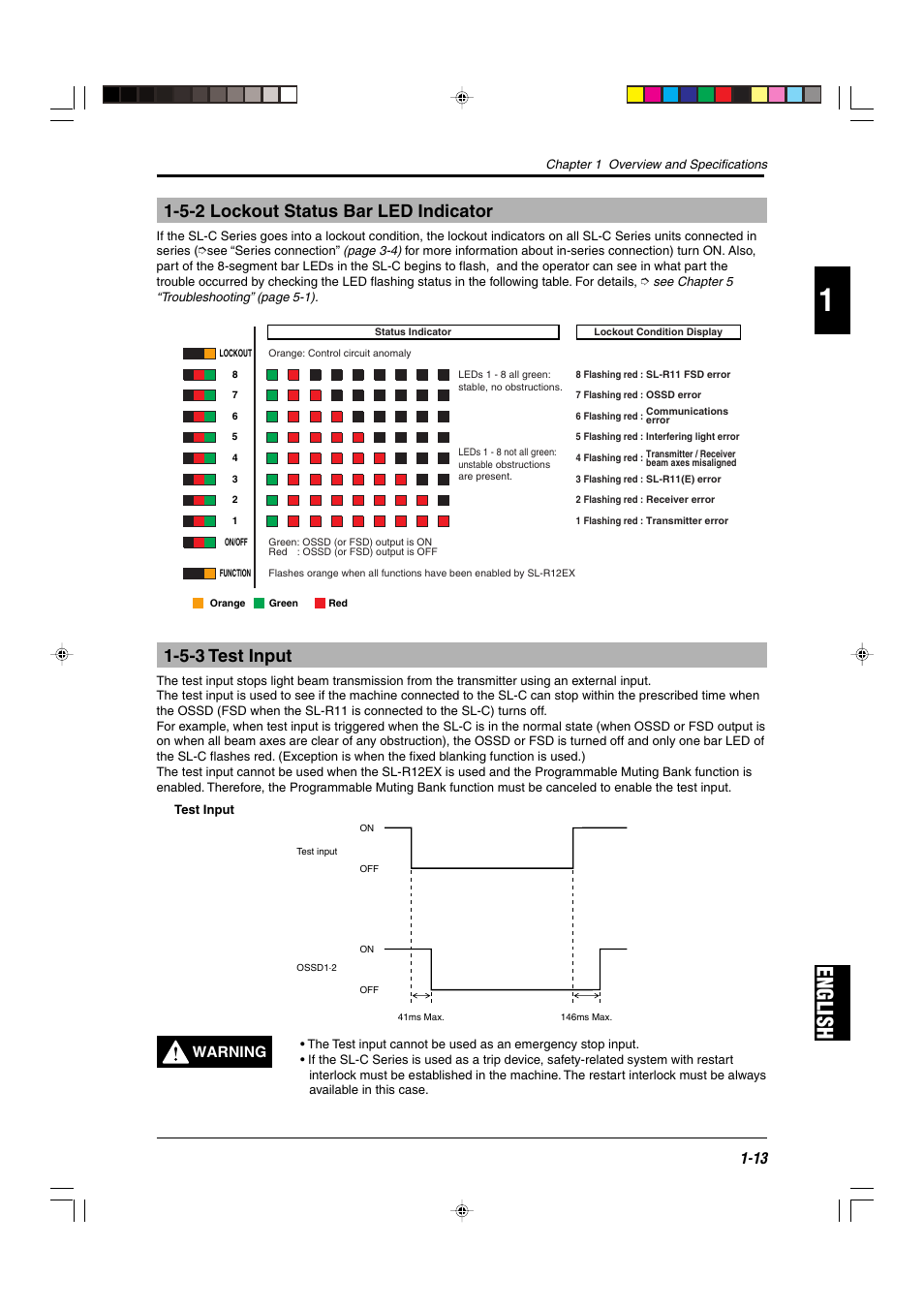 5-2 lockout status bar led indicator, 5-3 test input, English | Warning | KEYENCE SL-C Series User Manual | Page 21 / 54