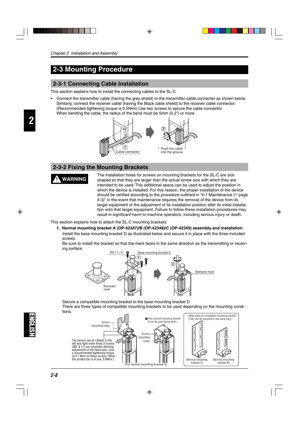 3 mounting procedure, 3-1 connecting cable installation, 3-2 fixing the mounting brackets | English, English 2-3 mounting procedure | KEYENCE SL-C Series User Manual | Page 30 / 54