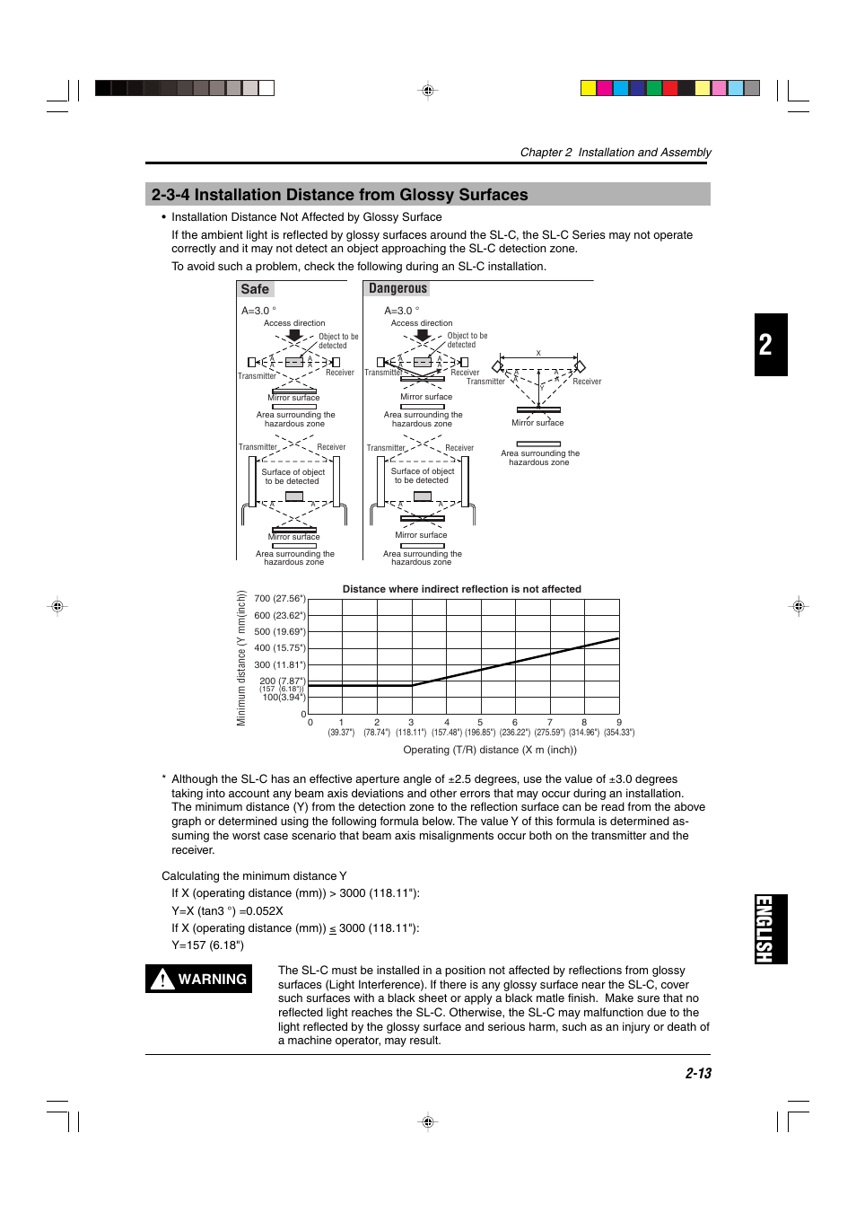 3-4 installation distance from glossy surfaces, English, Warning | Safe dangerous | KEYENCE SL-C Series User Manual | Page 35 / 54