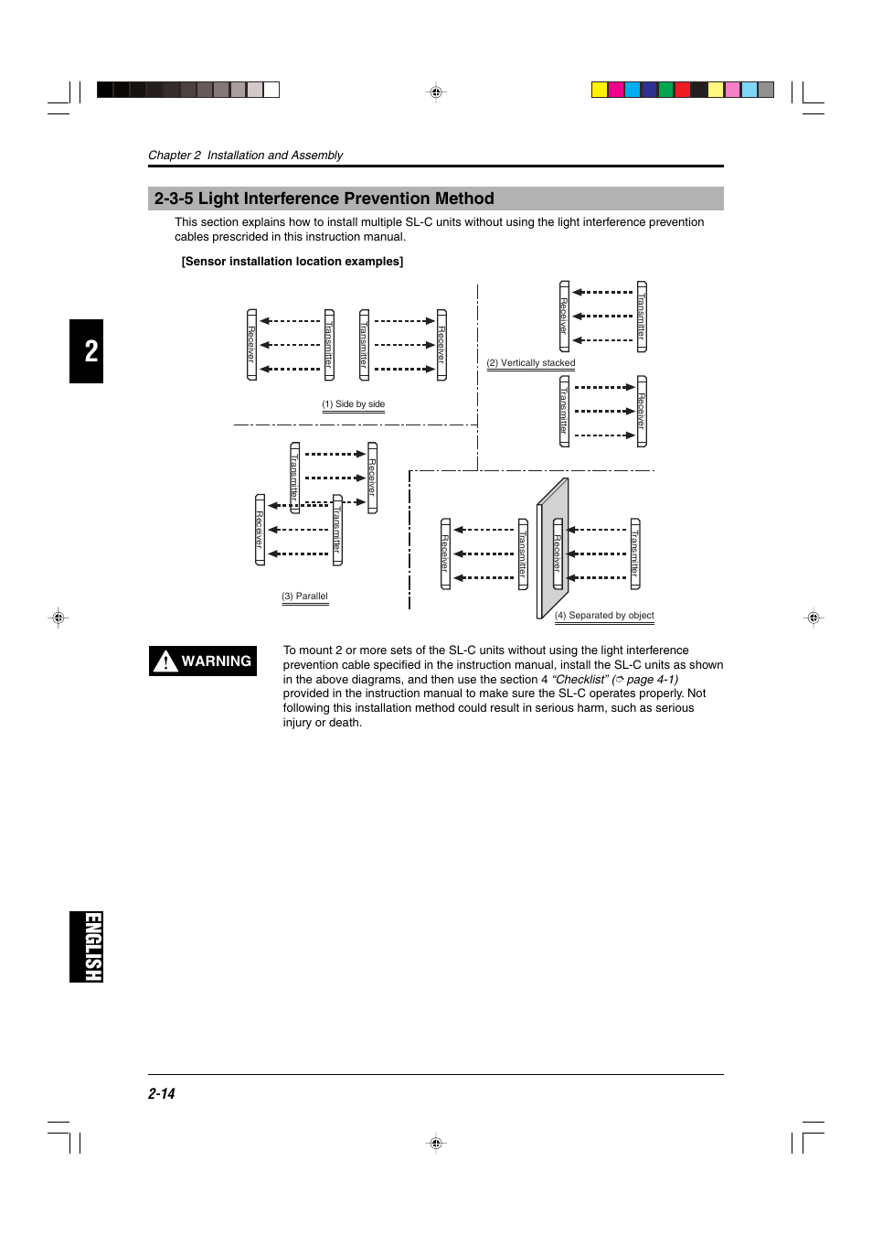 3-5 light interference prevention method, English, Warning | KEYENCE SL-C Series User Manual | Page 36 / 54