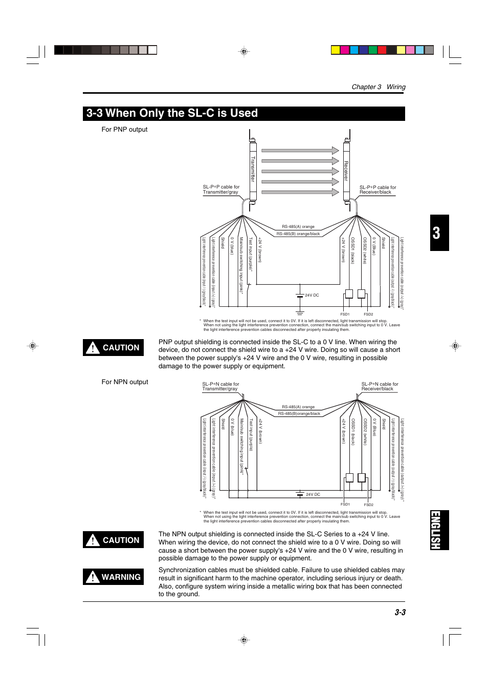 3 when only the sl-c is used, English 3-3 when only the sl-c is used, Caution | Warning, Chapter 3 wiring, For pnp output | KEYENCE SL-C Series User Manual | Page 39 / 54