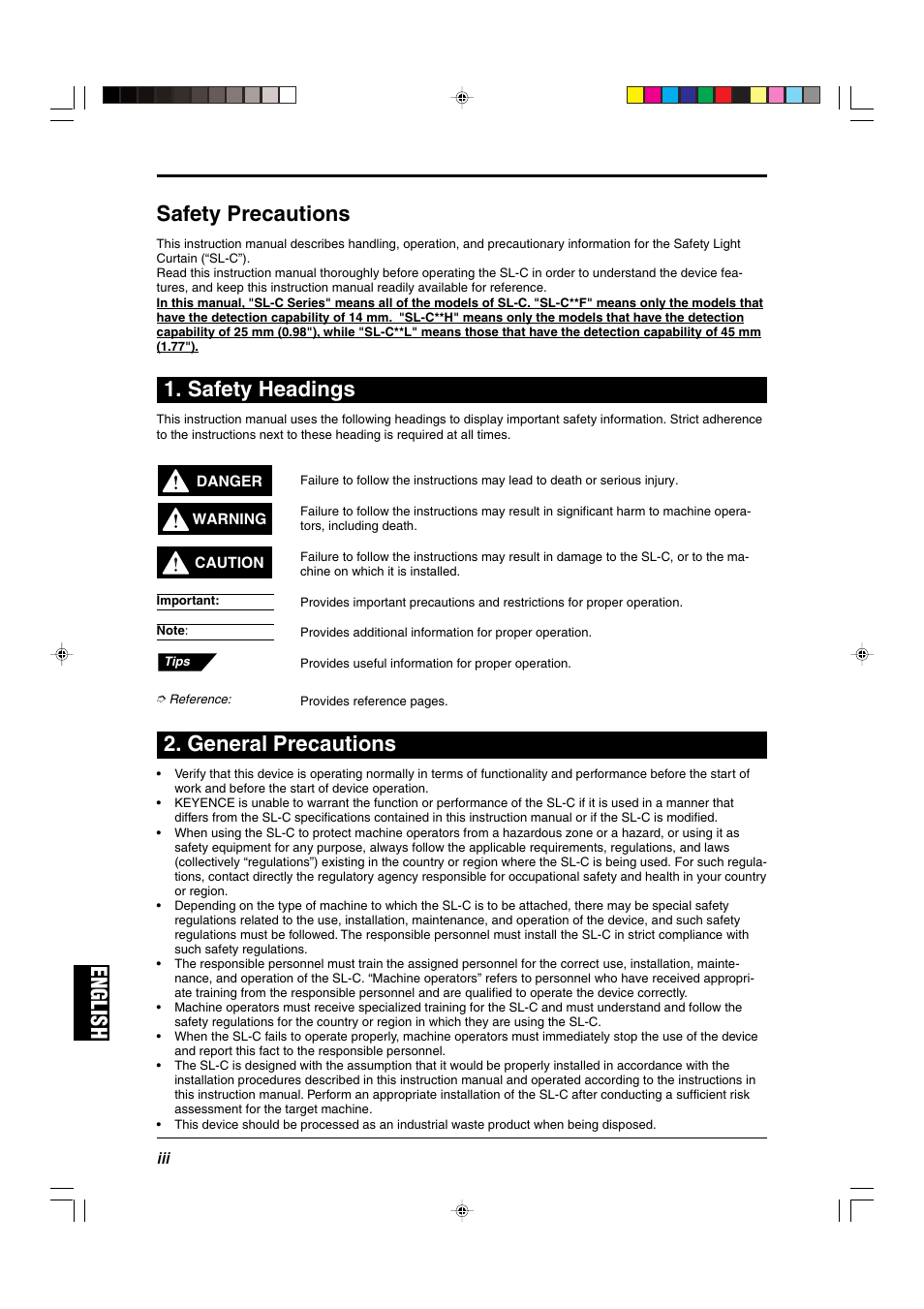 Safety precautions, Safety headings, General precautions | English, English safety precautions | KEYENCE SL-C Series User Manual | Page 4 / 54