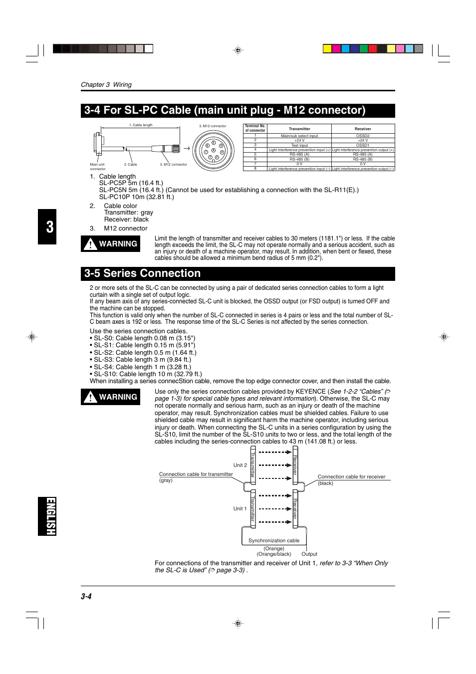 4 for sl-pc cable (main unit plug - m12 connector), 5 series connection, English | Warning | KEYENCE SL-C Series User Manual | Page 40 / 54