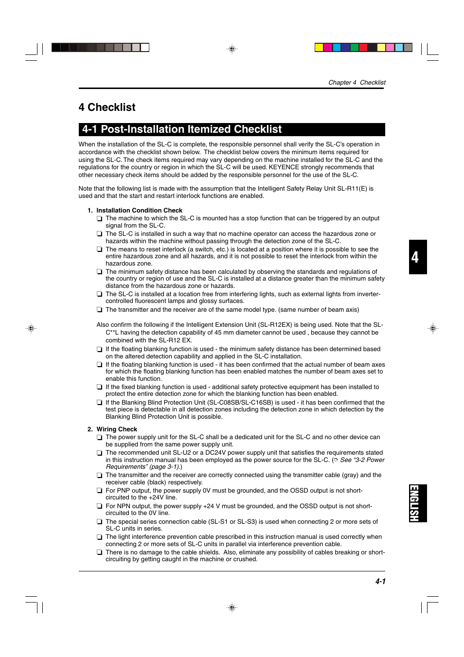 4 checklist, 1 post-installation itemized checklist | KEYENCE SL-C Series User Manual | Page 45 / 54