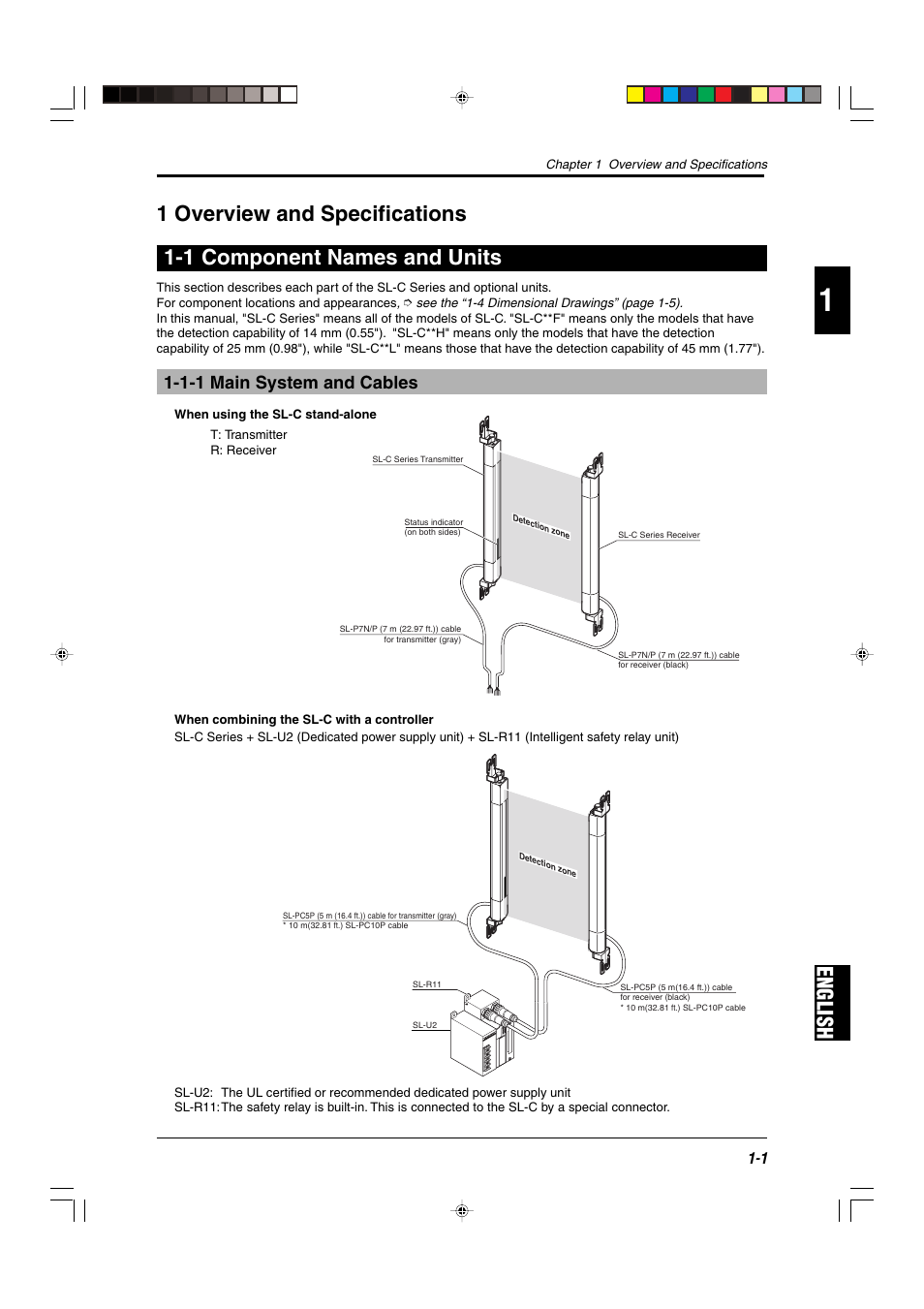 1 overview and specifications, 1 component names and units, 1-1 main system and cables | KEYENCE SL-C Series User Manual | Page 9 / 54