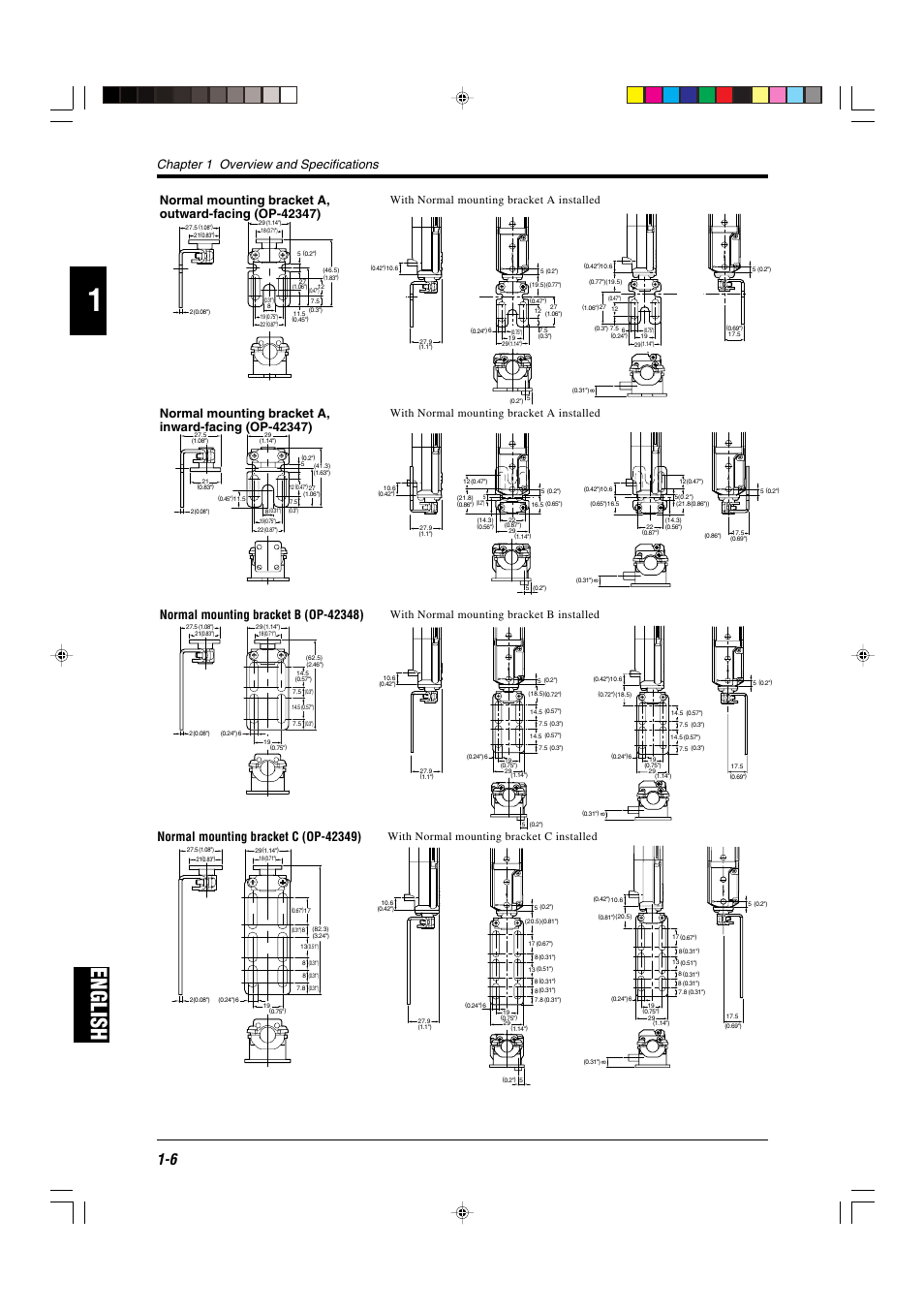 English, Chapter 1 overview and specifications, With normal mounting bracket a installed | With normal mounting bracket b installed, With normal mounting bracket c installed | KEYENCE SL-CHG Series User Manual | Page 14 / 54