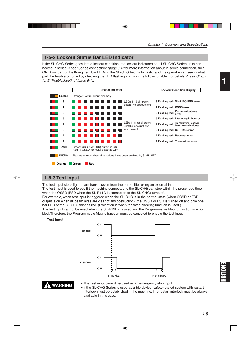 5-2 lockout status bar led indicator, 5-3 test input, English | Warning | KEYENCE SL-CHG Series User Manual | Page 17 / 54