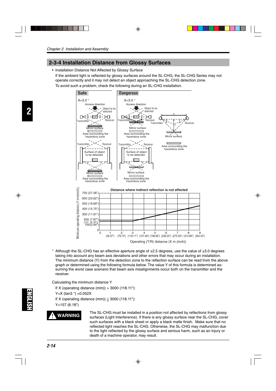 3-4 installation distance from glossy surfaces, English, Warning | Safe dangerous | KEYENCE SL-CHG Series User Manual | Page 32 / 54