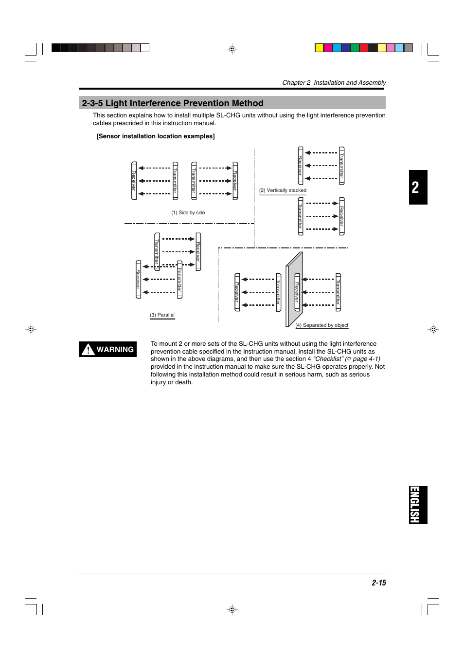 3-5 light interference prevention method, English, Warning | KEYENCE SL-CHG Series User Manual | Page 33 / 54