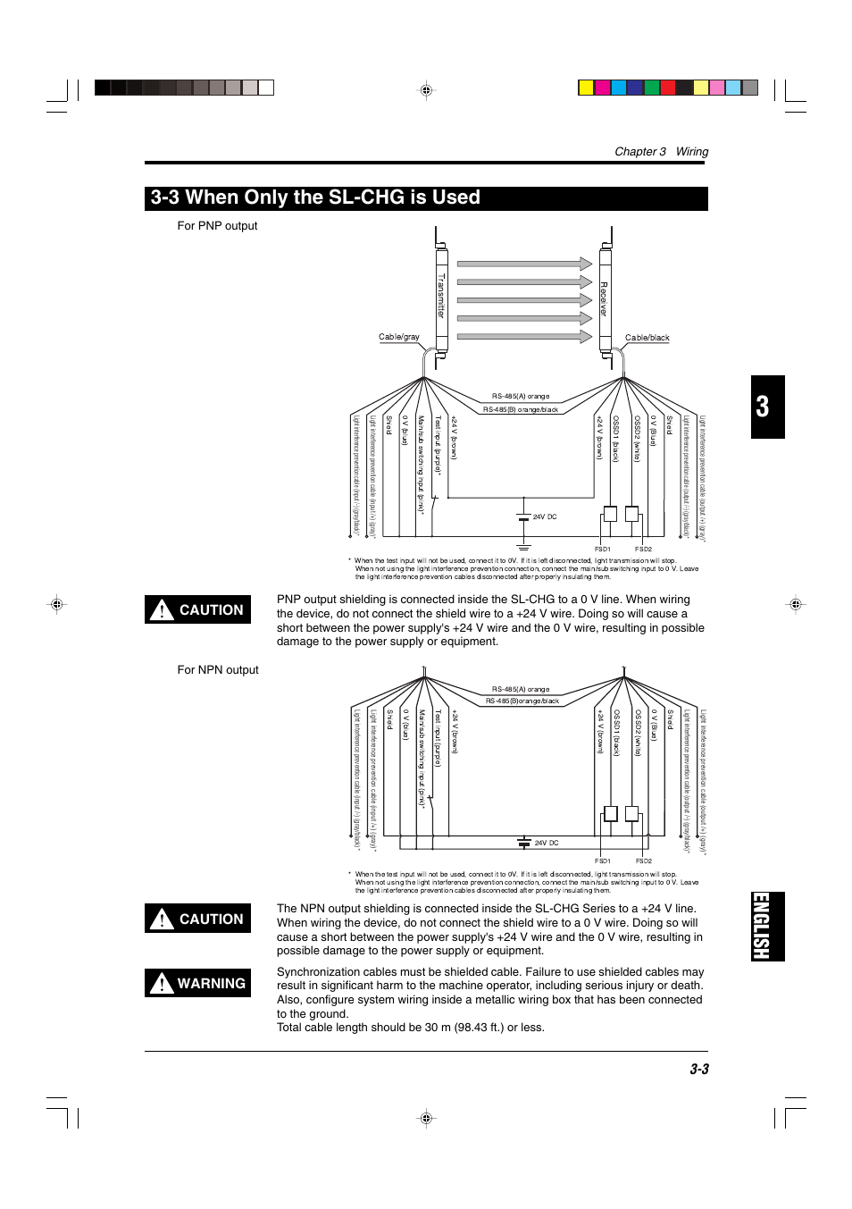 3 when only the sl-chg is used, English 3-3 when only the sl-chg is used, Caution | Warning, Chapter 3 wiring, For pnp output | KEYENCE SL-CHG Series User Manual | Page 37 / 54