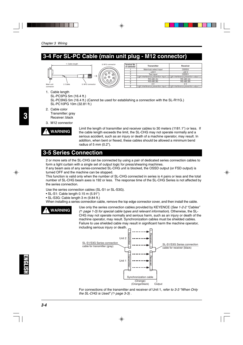 4 for sl-pc cable (main unit plug - m12 connector), 5 series connection, English | Warning | KEYENCE SL-CHG Series User Manual | Page 38 / 54