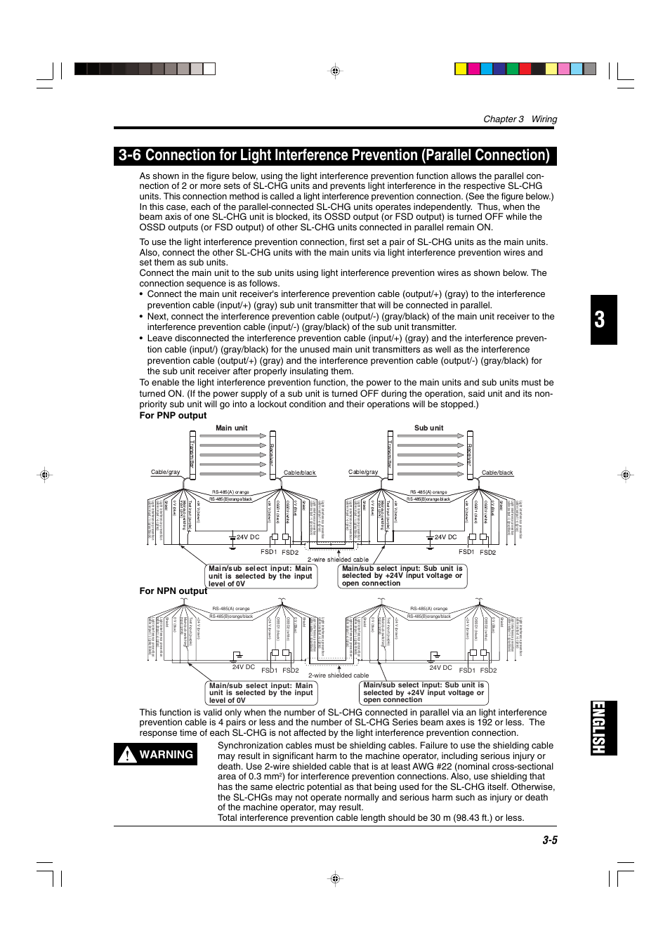 Warning, Chapter 3 wiring, For npn output | Main unit sub unit | KEYENCE SL-CHG Series User Manual | Page 39 / 54