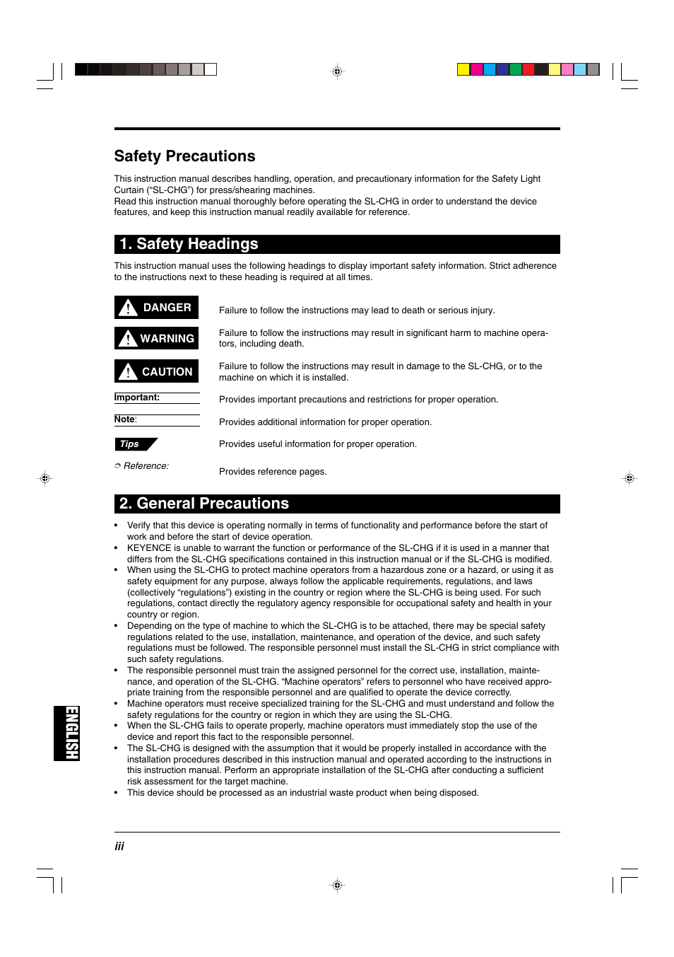 Safety precautions, Safety headings, General precautions | English, English safety precautions | KEYENCE SL-CHG Series User Manual | Page 4 / 54